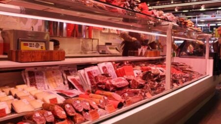 Internet Furious After Washington DC Couple Climbs Into Supermarket Meat Freezer And Lies On Packaged Meat: ‘Pay For All The Food They Just Contaminated’ Fresh meat selection in a Barcelona market deli, vibrant display and diverse cuts.
