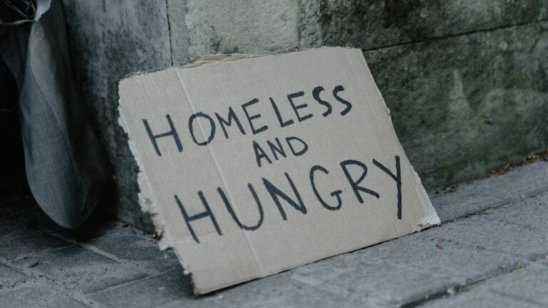 Backlash As New York Woman Says You Can Live Comfortably Without Making Anything: ‘The Homeless People On The Street Are Pretty Comfortable’ Cardboard sign with 'Homeless and Hungry' message leaning against a wall on a sidewalk.