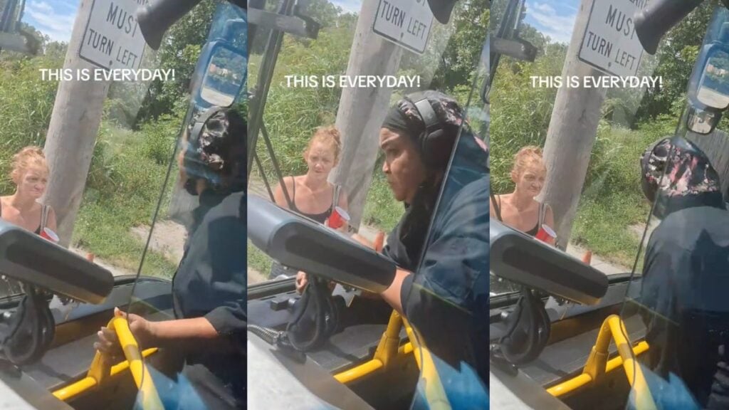 Missouri Bus Rider Confronts Woman Blocking Bus: ‘It’s Hot Enough and I’m in the Mood’ Passenger speaking to a woman standing outside a stopped city bus.