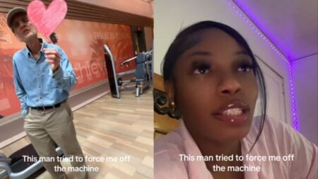 Image showing an older man speaking inside a gym and a woman reacting.