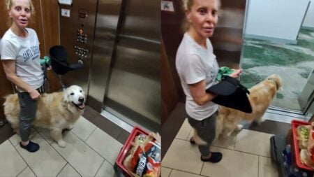 ‘You’re Scaring My Dog’: Maryland Woman Claims Karen Told her to Take a Different Elevator Woman standing in a building elevator with a golden retriever.
