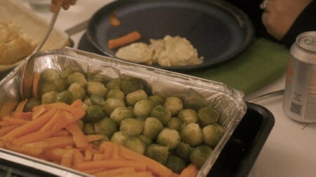 frozen dinner tray of carrots and brussel sprouts