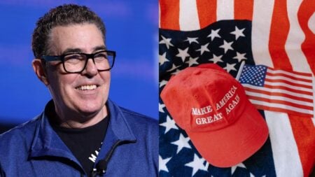 A picture of California comedian Adam Carolla and a MAGA hat.