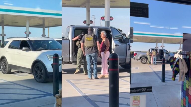 ICE agents detain a woman near a pickup truck at an Allsup's gas station in Chaparral, New Mexico.
