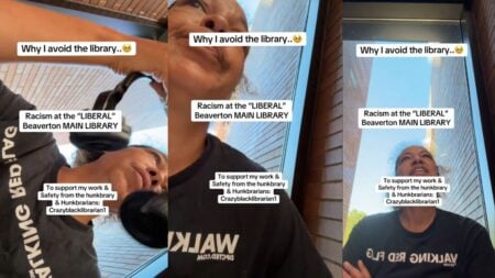 ‘They Don’t Want Black People There’: Oregon Woman Confronts Librarian Over Alleged Racial Double Standard Woman speaking to a library employee.