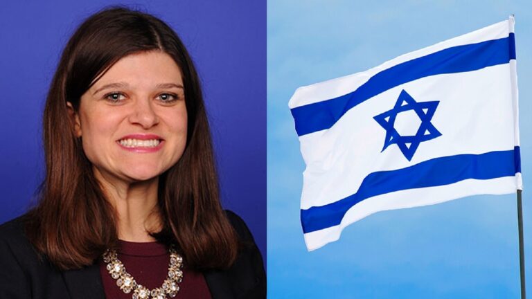 Haley Stevens (left), Israel's flag (right)