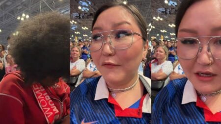 ‘I Hope She Didn’t Move’: New York World Cup Watch Party Sparks Debate After Woman With Afro Is Asked to Change Seats Woman sitting with her head down at a watch party next to woman speaking in camera.