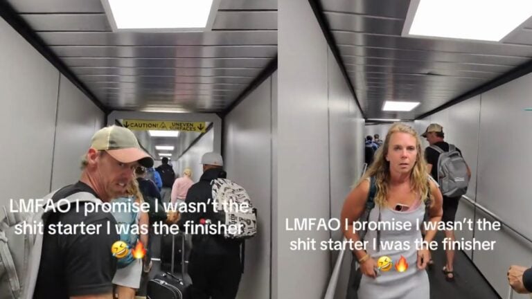 Georgia Airport Confrontation Sparks Debate Over Racism and Double Standards: ‘It’s Only Racism When It’s From White Folks Huh?’ Man and woman walking through an airport boarding bridge during an argument.
