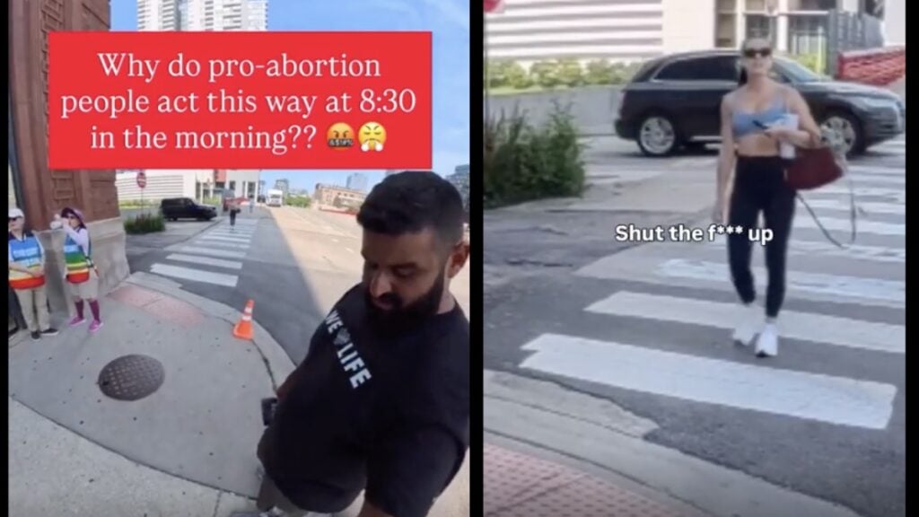 Illinois Man Harasses Woman Outside Family Planning Center, Gets Well-Deserved Response: ‘Weird For This Dude to Post Their Own L’ Man on corner setting up camera outside Family Planning Center in Illinois, Woman approaches walking from across the street.