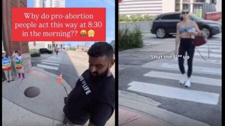 Illinois Man Harasses Woman Outside Family Planning Center, Gets Well-Deserved Response: ‘Weird For This Dude to Post Their Own L’ Man on corner setting up camera outside Family Planning Center in Illinois, Woman approaches walking from across the street.