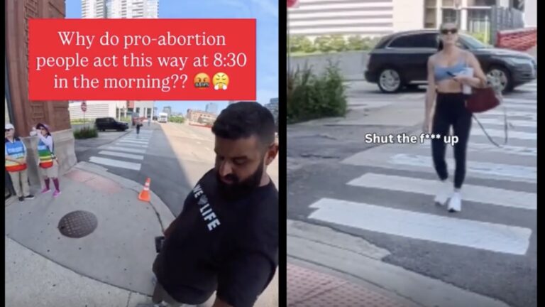 Man on corner setting up camera outside Family Planning Center in Illinois, Woman approaches walking from across the street.