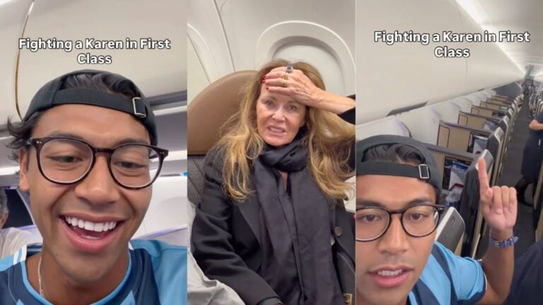 New York Karen Refuses To Leave Man’s First-Class Seat Because Hers Won’t Recline: ‘You Almost Got Robbed’ Video still of a tense first-class seat dispute on a New York to Los Angeles flight, showing the confrontation that went viral online.