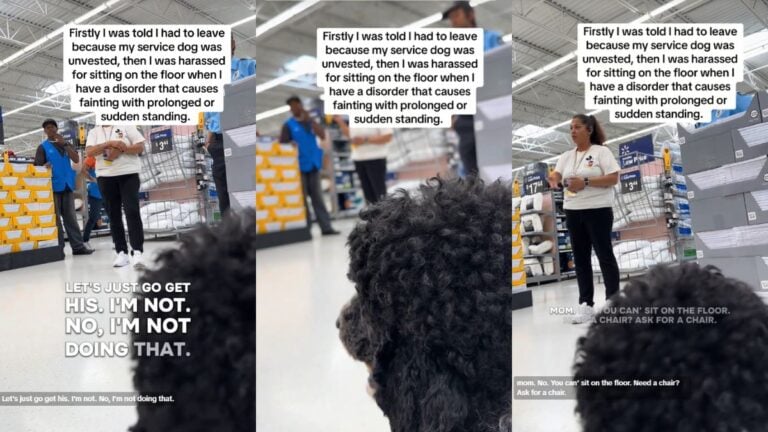 Walmart Workers Tell Ohio Woman With Fainting Disorder to Get Off Floor: ‘Please Tell Me All Those Employees Got Fired’ Woman with a service dog talking to Walmart employees inside the store.