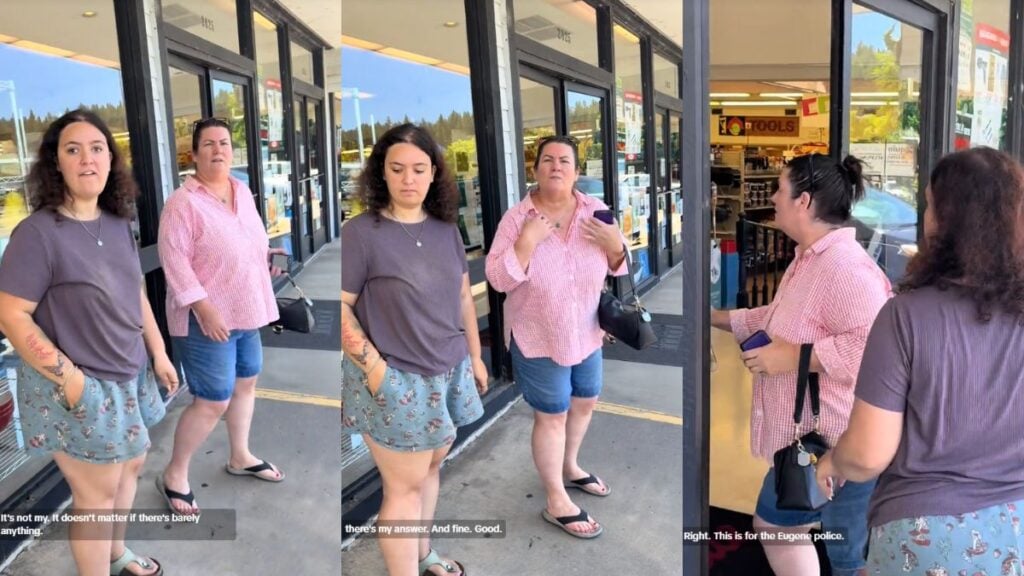 Two women standing outside a store entrance during an argument.