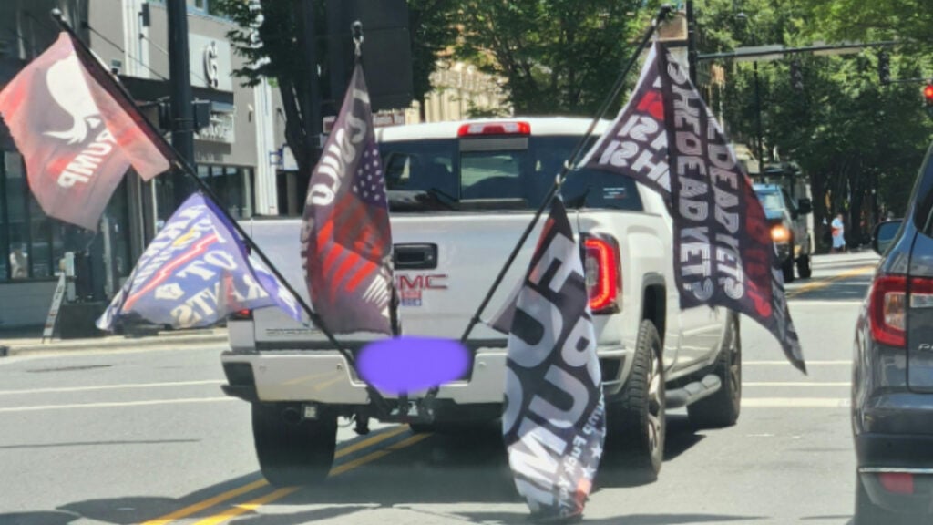 North Carolina Truck Driver Called ‘Unhinged’ and ‘Rabid’ Over Anti-Trump Flag Display: ‘2.5 Years or Less and This Nightmare Is Over’ Anti-Trump flags flown from pickup truck in Winston-Salem North Carolina