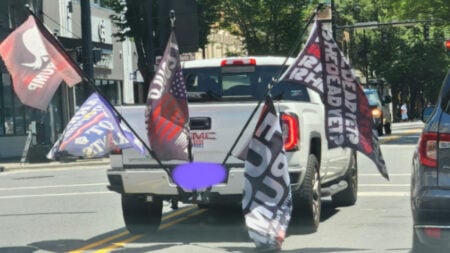 North Carolina Truck Driver Called ‘Unhinged’ and ‘Rabid’ Over Anti-Trump Flag Display: ‘2.5 Years or Less and This Nightmare Is Over’ Anti-Trump flags flown from pickup truck in Winston-Salem North Carolina