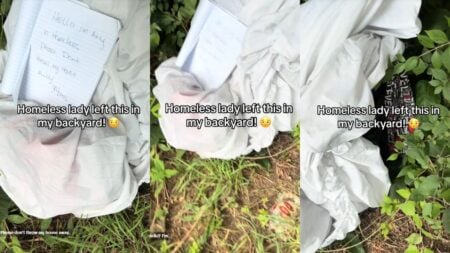 Ohio Creator Finds Homeless Woman’s ‘House’ on Her Property: ‘Why Y’all Actin Like She Has to Let Some Lady Live in Her Backyard?’ White bedding outdoors with grass visible around it.