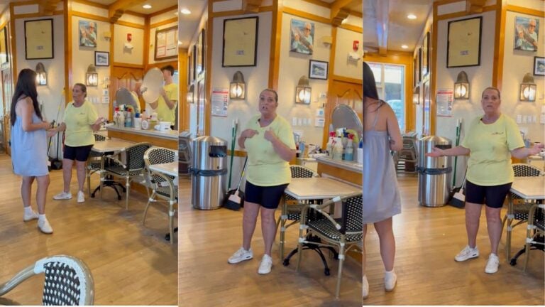 New Jersey Pizzeria Owner Has A Meltdown After Family Asks For A Knife To Cut Their Child’s Birthday Cake: ‘That Owner Is Unhinged’ Screenshot from viral video showing a New Jersey pizzeria owner arguing with customers over a birthday cake request.