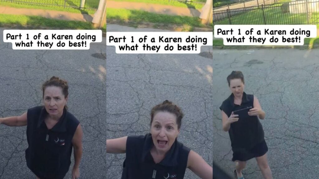 Woman speaking on a paved road.