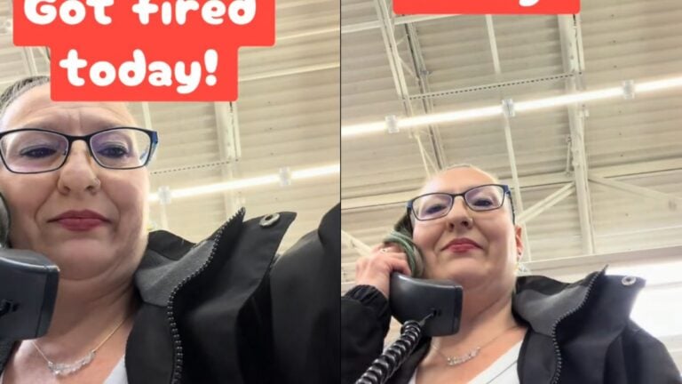Missouri Woman Fired After 15 Years Blasts Walmart Over PA System: ‘Sounds Like Management Made a Good Decision’ Woman recording a video while holding a phone receiver inside a store.