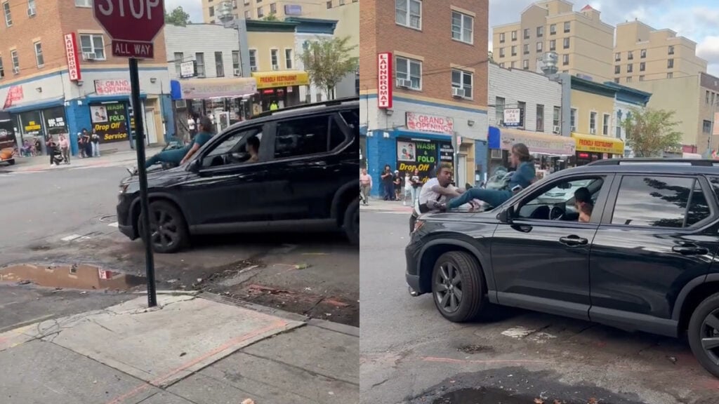 New York Woman Climbs Onto Moving Car During Alleged Cheating Confrontation: ‘Chill Out’ New York Woman Climbs Onto Moving Car During Alleged Cheating Confrontation: ‘Chill Out’