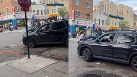 New York Woman Climbs Onto Moving Car During Alleged Cheating Confrontation: ‘Chill Out’ New York Woman Climbs Onto Moving Car During Alleged Cheating Confrontation: ‘Chill Out’