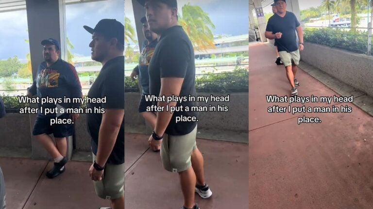 Woman Confronts Driver Over Alleged Car Dent at Florida Theme Park: ‘You Basically Lil Bro’d Him and He Was Flabbergasted’ Man walking along an outdoor walkway near palm trees.
