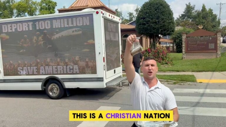 Florida Senate Candidate Jake Lang Hands Out Pork Outside Tennessee Mosque, Tells Muslims to ‘Get Out’ Jake Lang holds pulled pork sandwiches outside the Islamic Center of Nashville, Tennessee, next to a truck displaying anti-Muslim signage.