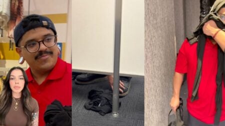 California Woman Allegedly Catches Man Filming Her Under Dressing Room Door: ‘Disgusting Psychopath’ Man in a red polo shirt, glasses, and cap covers his face with a black shirt after being accused of secretly filming a woman in a California Nordstrom dressing room.
