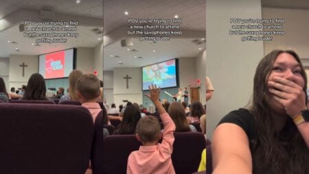 Woman covering her mouth in shock during a church service.