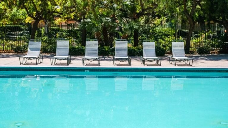MAGA Fashion Model Allegedly Threatens to Call ICE on Hispanic Family at California Pool: ‘Does Your Mom Even Speak English?’ Relax by a tranquil outdoor pool surrounded by sun loungers and lush greenery.