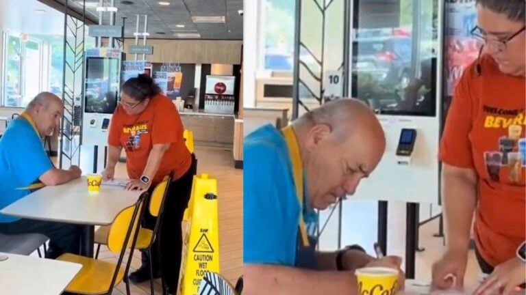 Florida McDonald’s Manager Sparks Outrage For Disciplining Elderly Employee in Front of Customers: ‘Shame On Her’ Video still of a McDonald's manager standing over an elderly employee seated at a dining table with paperwork, inside a Fort Myers, Florida location.