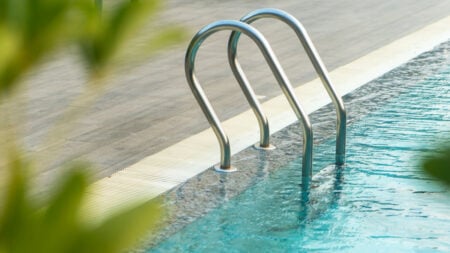 New York Homeowner Says Squatter Next Door Washed Herself in Their Pool, Then Tried to Enter House: ‘I Feel So Violated’ outdoor pool area with ladder
