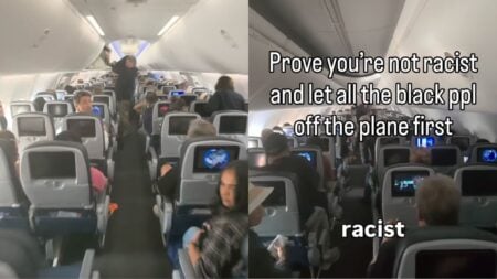 Black Illinois Man Demands White Passengers Let Him Off Plane First to Prove They Aren’t Racist: ‘What a Bunch of Idiots’ Passengers stand in a crowded United Airlines cabin aisle during deplaning as a man walks forward toward the front of the plane.