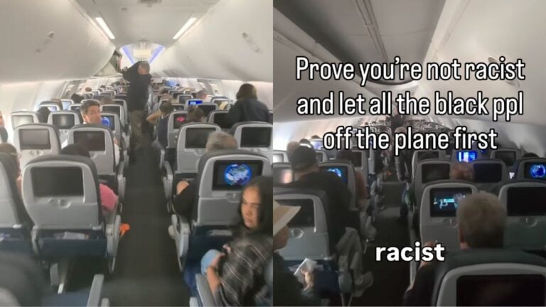 Black Illinois Man Demands White Passengers Let Him Off Plane First to Prove They Aren’t Racist: ‘What a Bunch of Idiots’ Passengers stand in a crowded United Airlines cabin aisle during deplaning as a man walks forward toward the front of the plane.