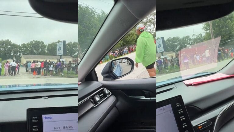 ‘Where’s the Leader of Our Country?’: Indiana Residents Wait in Massive Line for Just $100 After 8 Days Without Power Line viewed through car window.