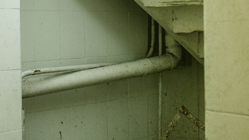 A neglected stairwell with peeling paint and dim lighting
