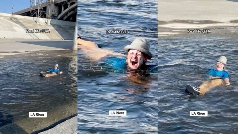 California Woman Turns Banned LA River Swim Into a Lazy River Ride: ‘Her Immune System Is Stronger Than the Hulk’ A California woman floats unbothered down the concrete channel of the Los Angeles River as bystanders react in shock.
