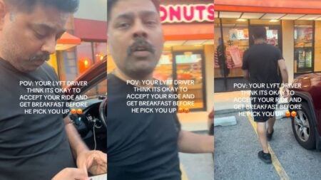 ‘You in Here Getting Dunkin’ Donuts’: Lyft Driver’s Breakfast Stop Has New York Woman ‘Crashing Out’ Man standing outside of Dunkin Donuts.