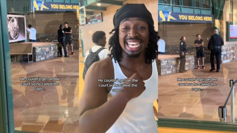 ‘That’s So Drake of Him’: California Man Reportedly Calls Police After Not Getting on the Basketball Court Man watches two cops and another man through window.