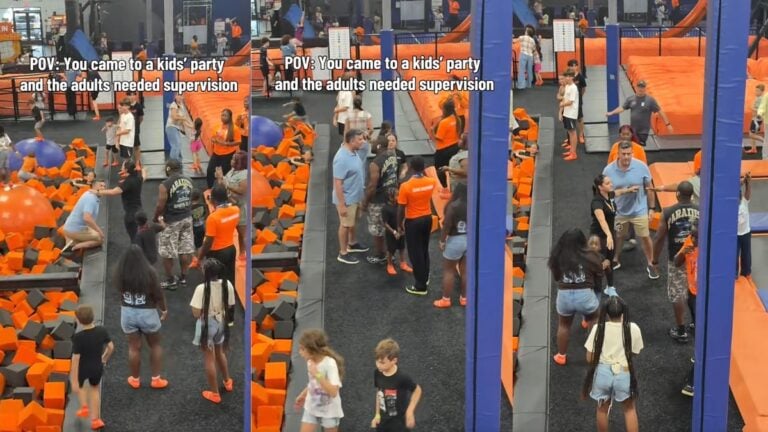 Florida Adults Get Into Heated Fight at Trampoline Park With Children Watching, Sparking Racial Debate: ‘He Definitely Said Some Racist Ish’ Two men grapple near a foam pit at a Florida trampoline park while other adults try to pull them apart as children watch nearby.