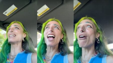 Green-Haired Ohio Woman Says She Wants a Man to ‘Handle It,’ Gets Told Exactly What She Feared: ‘First of All, Calm Down’ Screenshot of a green-haired Ohio woman speaking emotionally inside her car in a viral TikTok video.