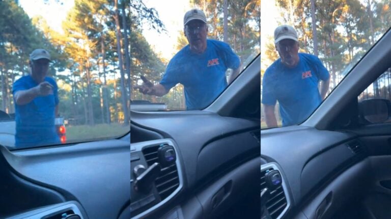‘We Can’t Even Work While Black’: Georgia Spark Driver Says White Homeowner Stopped Her Car and Confronted Her Man yelling outside of car window with his hand behind his back.