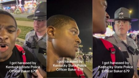 A Kentucky state trooper identified as Officer Baker detains a man at a public fair during a recorded confrontation over a disorderly conduct charge.