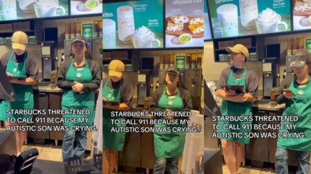 Starbucks employees behind the counter in New York as a mother records video after staff refused to serve her and her crying autistic son.