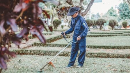 Florida Cuban Man Allegedly Refuses To Pay Hispanic Workers Because They Finished Too Early, Threatens To Call ICE: ‘Immigration Amnesia Is An Epidemic’ A gardener trims grass in a scenic park setting, focusing on maintenance and landscaping.