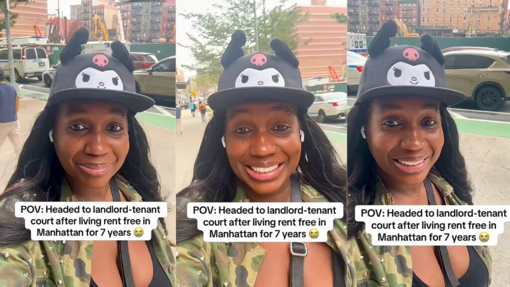 Unbothered New York Woman Claims She Hasn’t Paid Rent in 7 Years and Now She’s Heading to Court: ‘The System Is Broken’ New York woman in a Kuromi hat smiles while walking to landlord-tenant court in a viral selfie video.