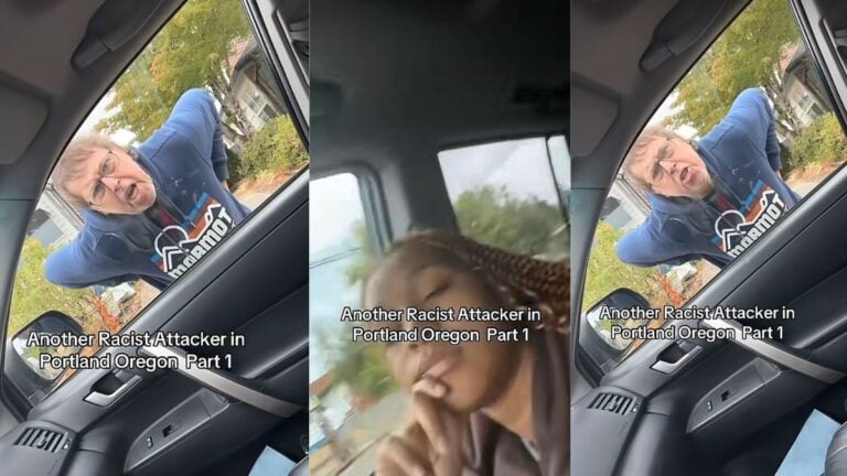 Video screenshot shows an Oregon man confronting a Black teen in her car during a driveway parking dispute.