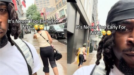 Freaked-Out Man Records New York Woman Shouting at Invisible Person, Internet Collectively Asks: ‘Who She Yelling At?’ Woman standing alone on a New York City street shouting, with no other person visible in frame.