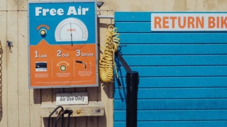 Self-serve air pump station offering free air.